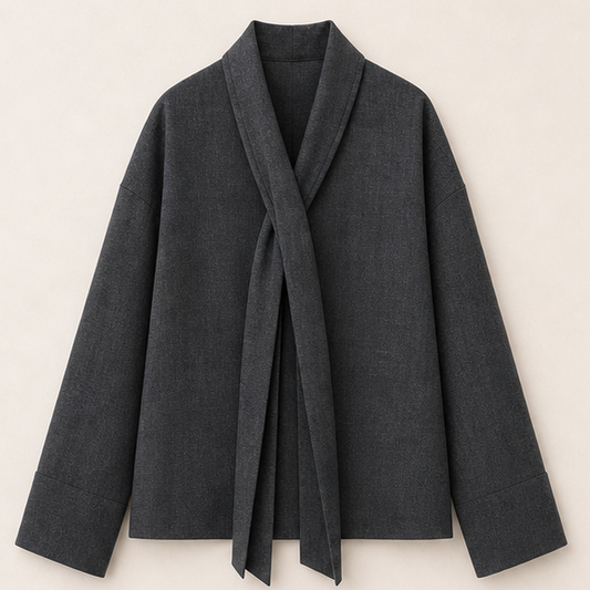 Grey Scarf-Collar Tie-Bow Blouse