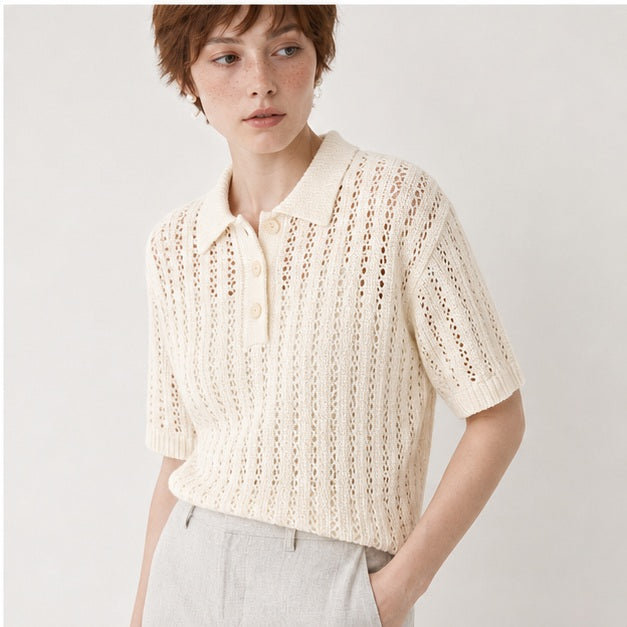 Open-Knit Polo Top
