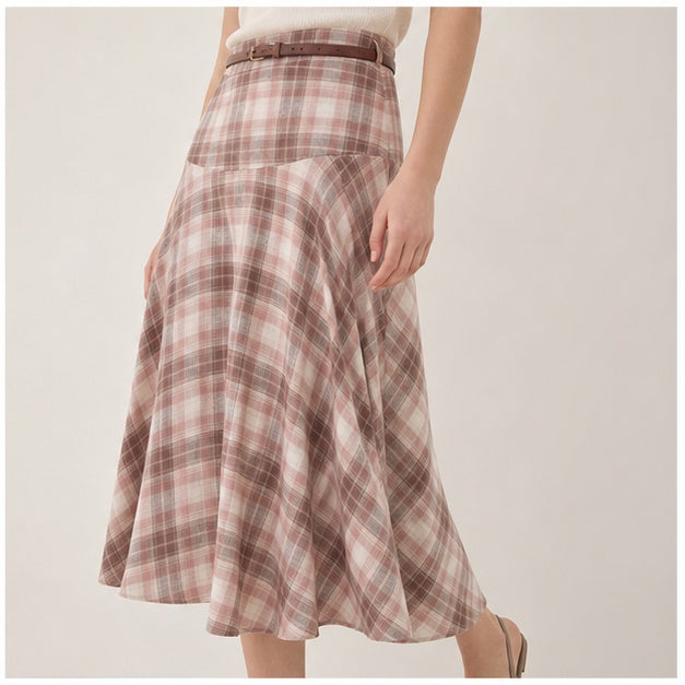 Pink Plaid Bias-Cut Midi Skirt