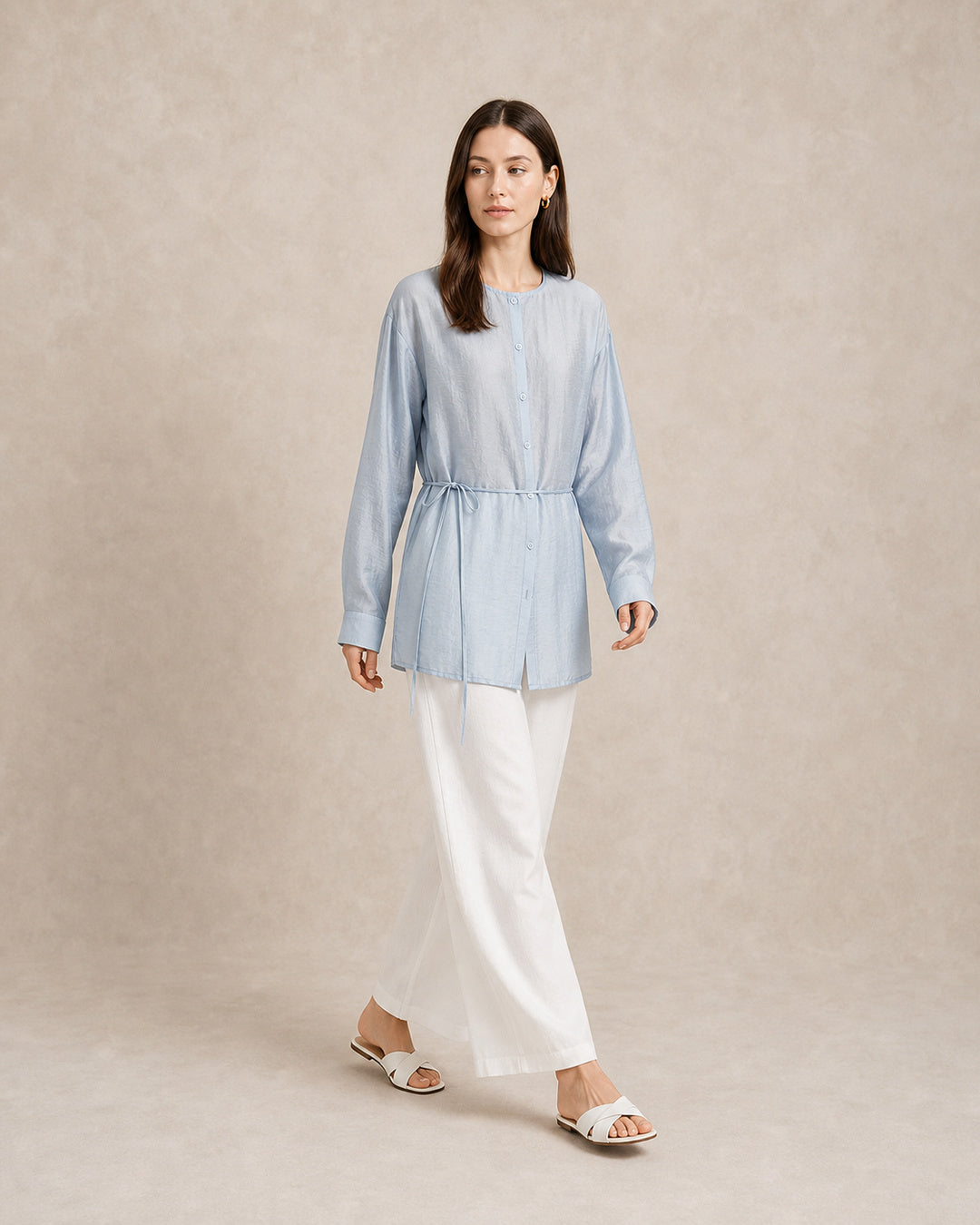 Light Blue Round-Neck Drawstring Shirt