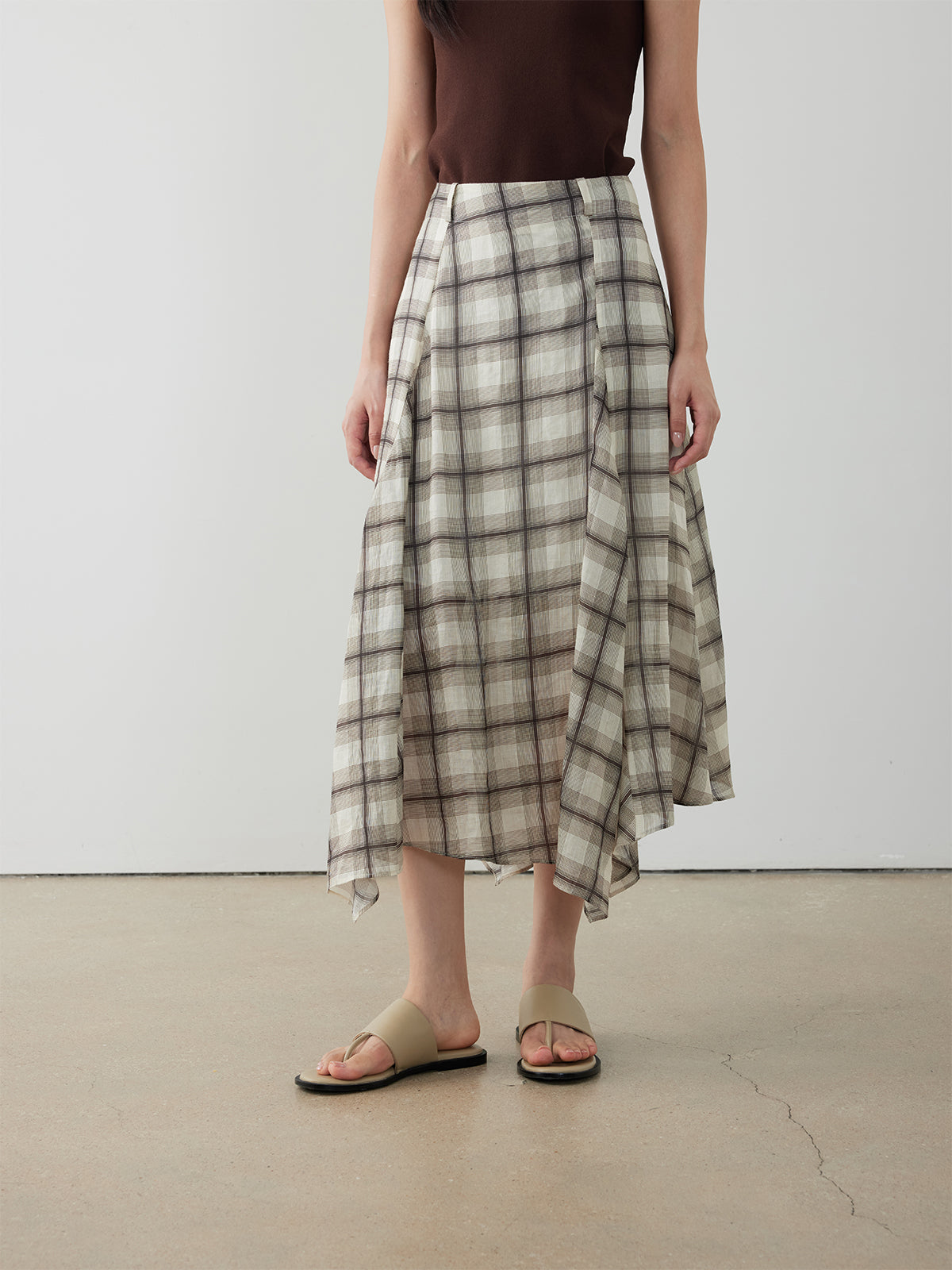 Ramie Check Asymmetric Skirt