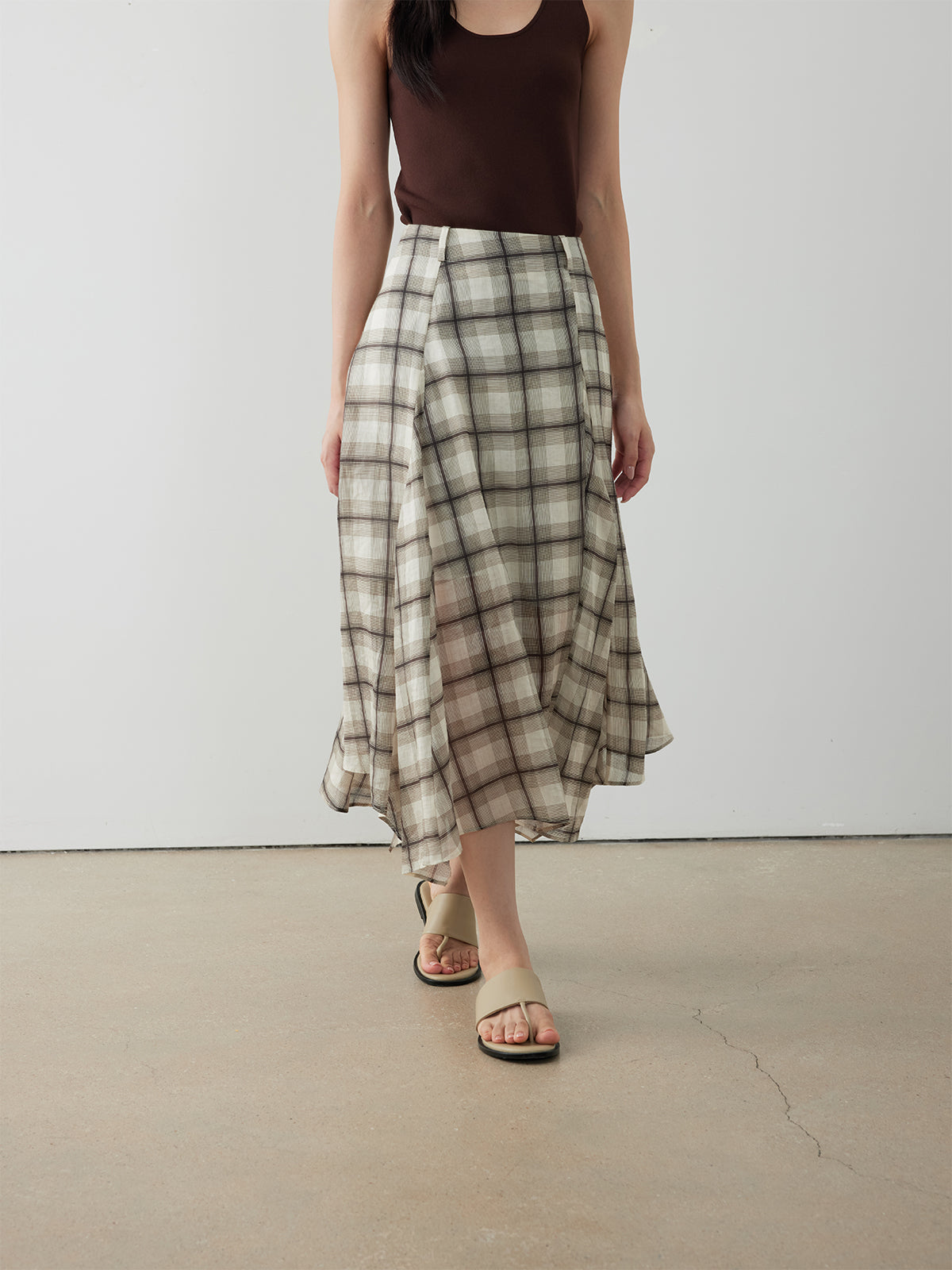 Ramie Check Asymmetric Skirt