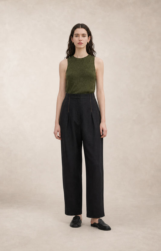 Black Linen Carrot-Fit Trousers - product view 1