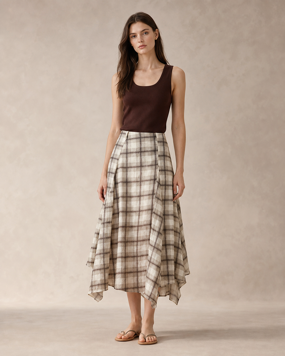 Ramie Check Asymmetric Skirt