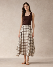 Ramie Check Asymmetric Skirt