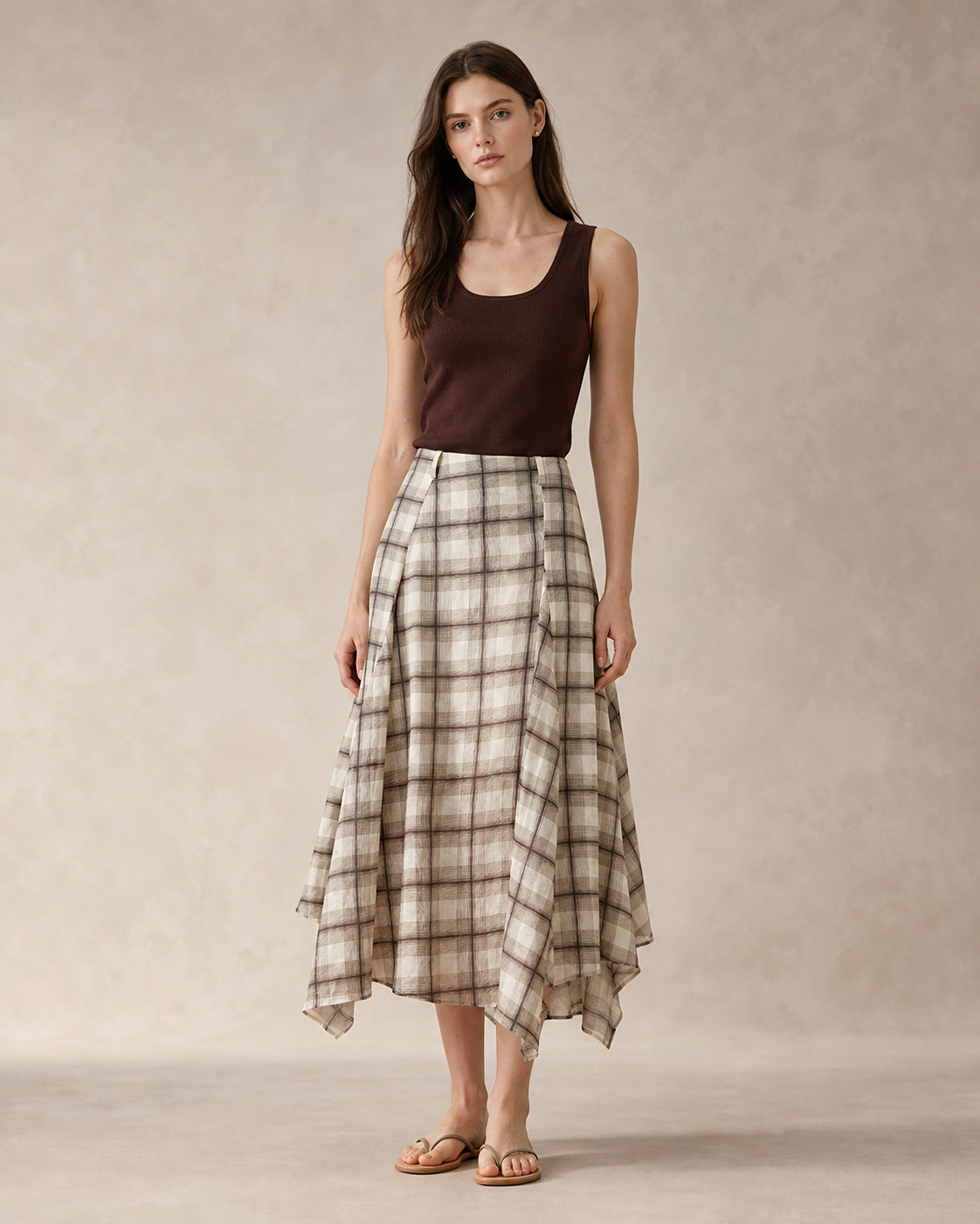 Ramie Check Asymmetric Skirt
