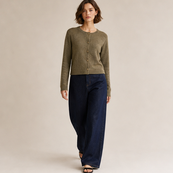 Linen Long-Sleeve Knit Cardigan（Olive Green）