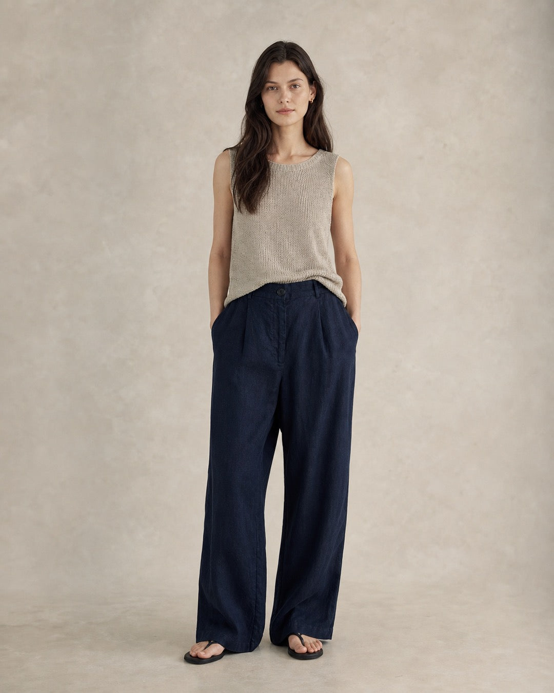 Navy Linen Wide-Leg Pants