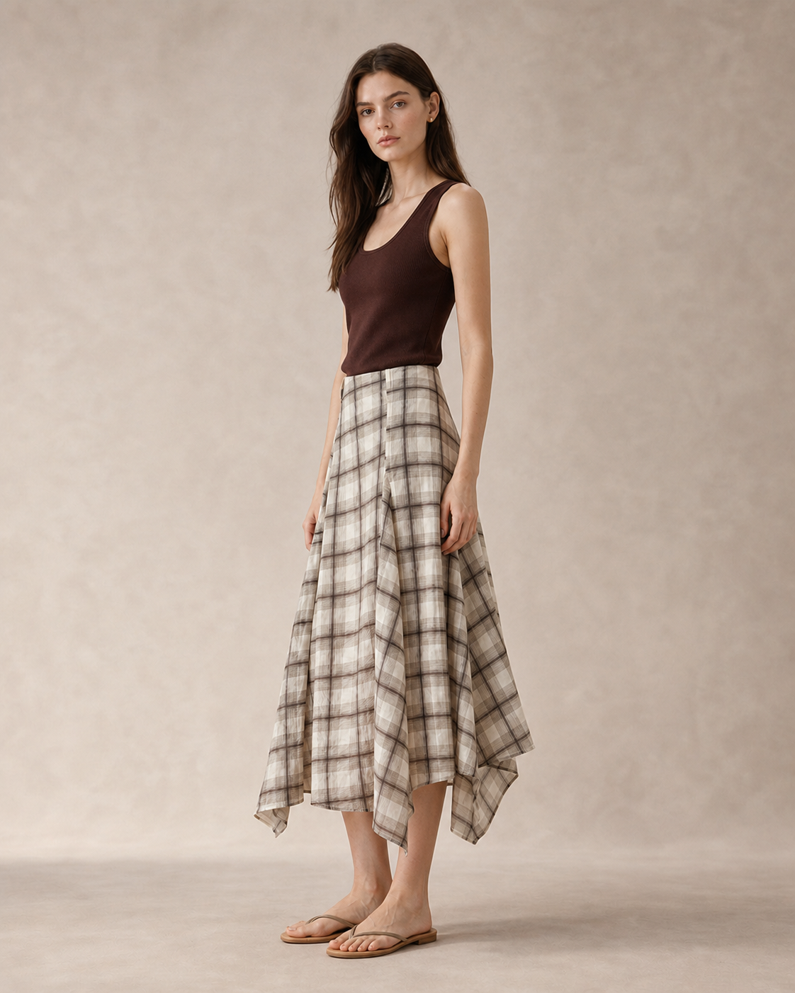 Ramie Check Asymmetric Skirt
