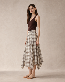Ramie Check Asymmetric Skirt