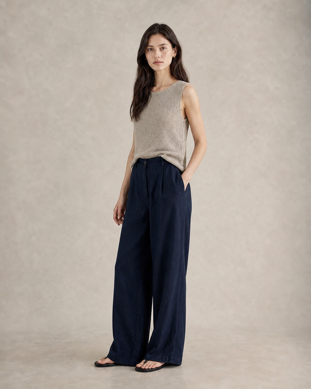 Navy Linen Wide-Leg Pants