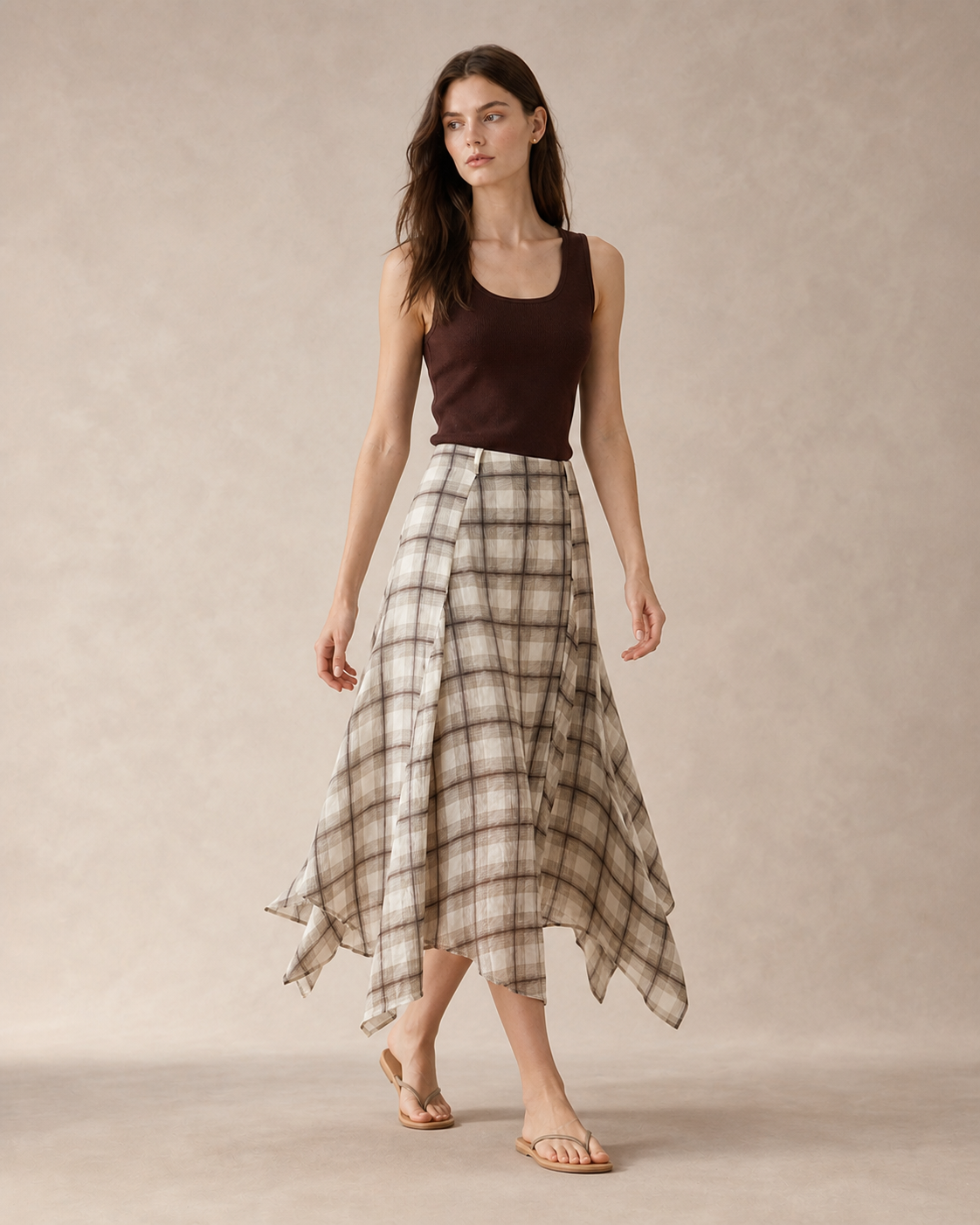 Ramie Check Asymmetric Skirt