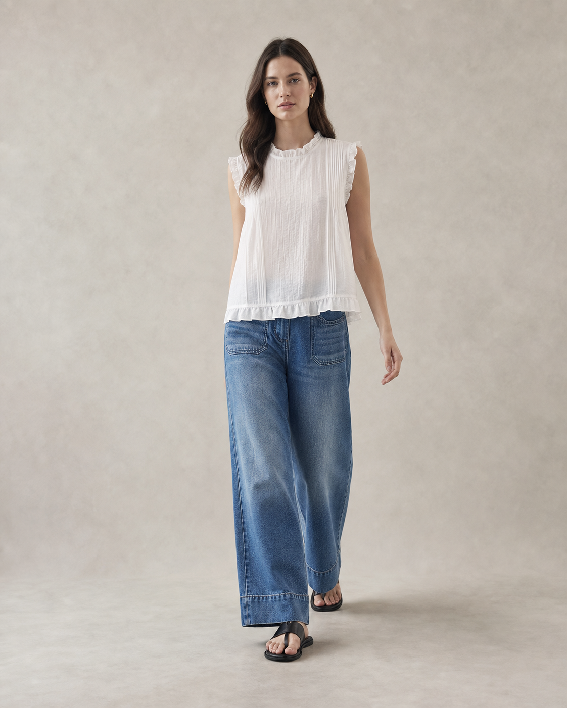 Ruffle-Trim Cotton Sleeveless Blouse