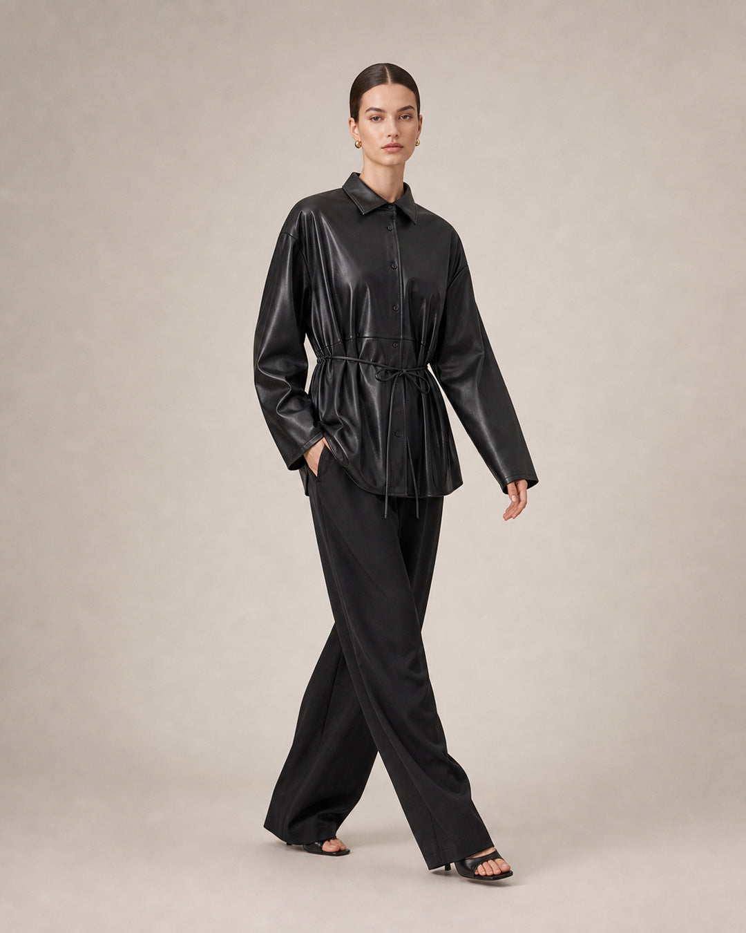 Black Faux-Leather Drawstring Shirt