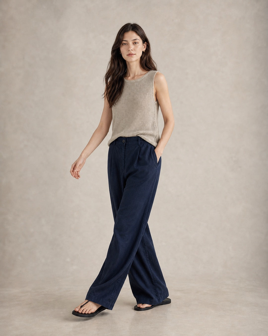 Navy Linen Wide-Leg Pants