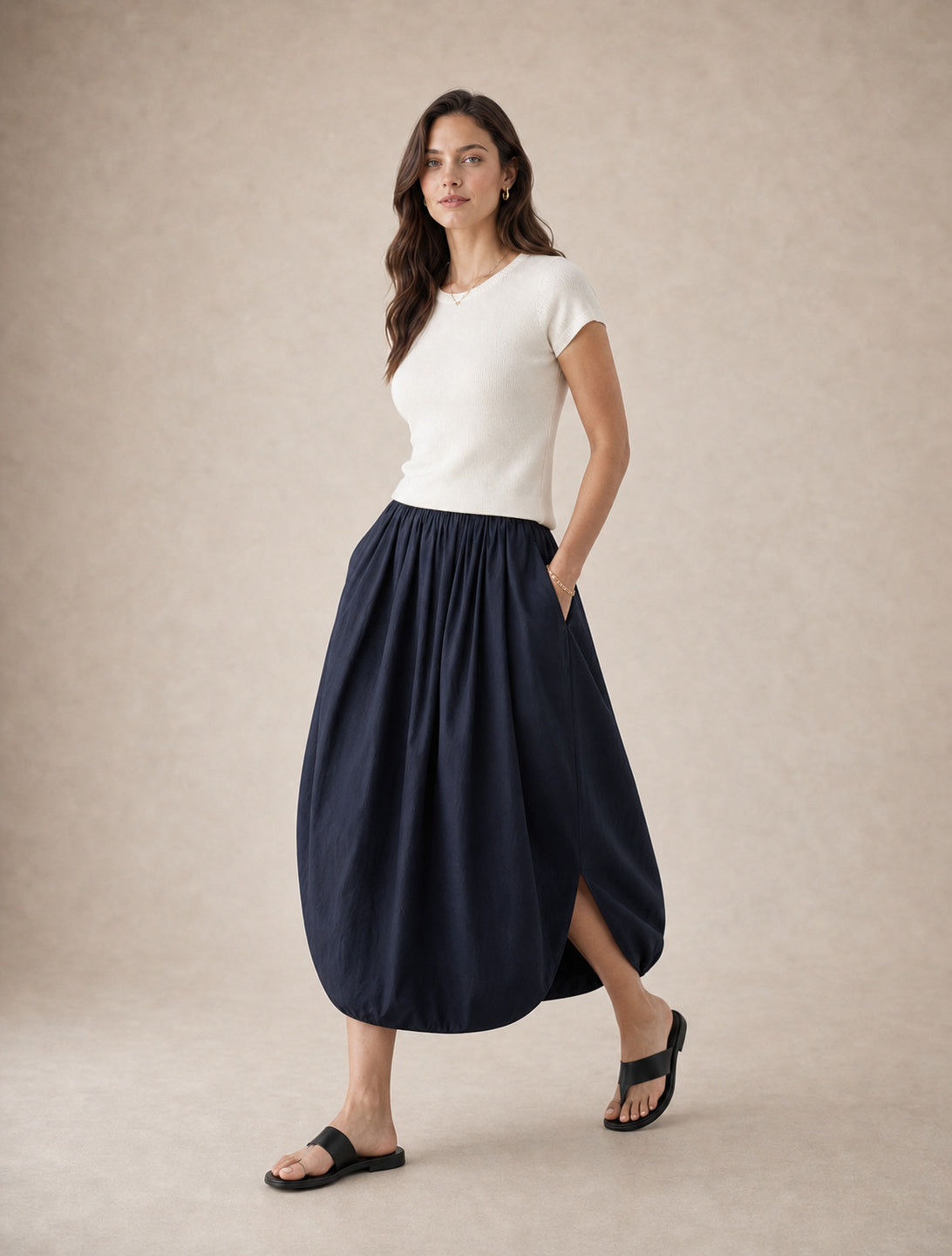 Tuck-Pleated Midi Skirt