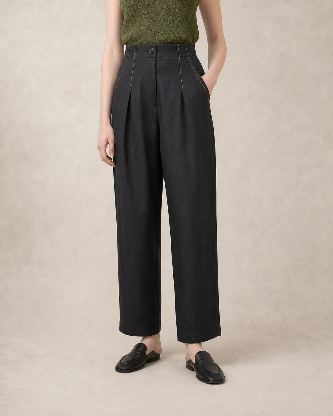 Black Linen Carrot-Fit Trousers