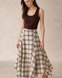Ramie Check Asymmetric Skirt