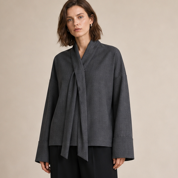 Grey Scarf-Collar Tie-Bow Blouse