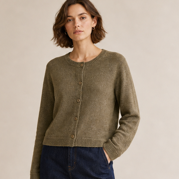 Linen Long-Sleeve Knit Cardigan（Olive Green）
