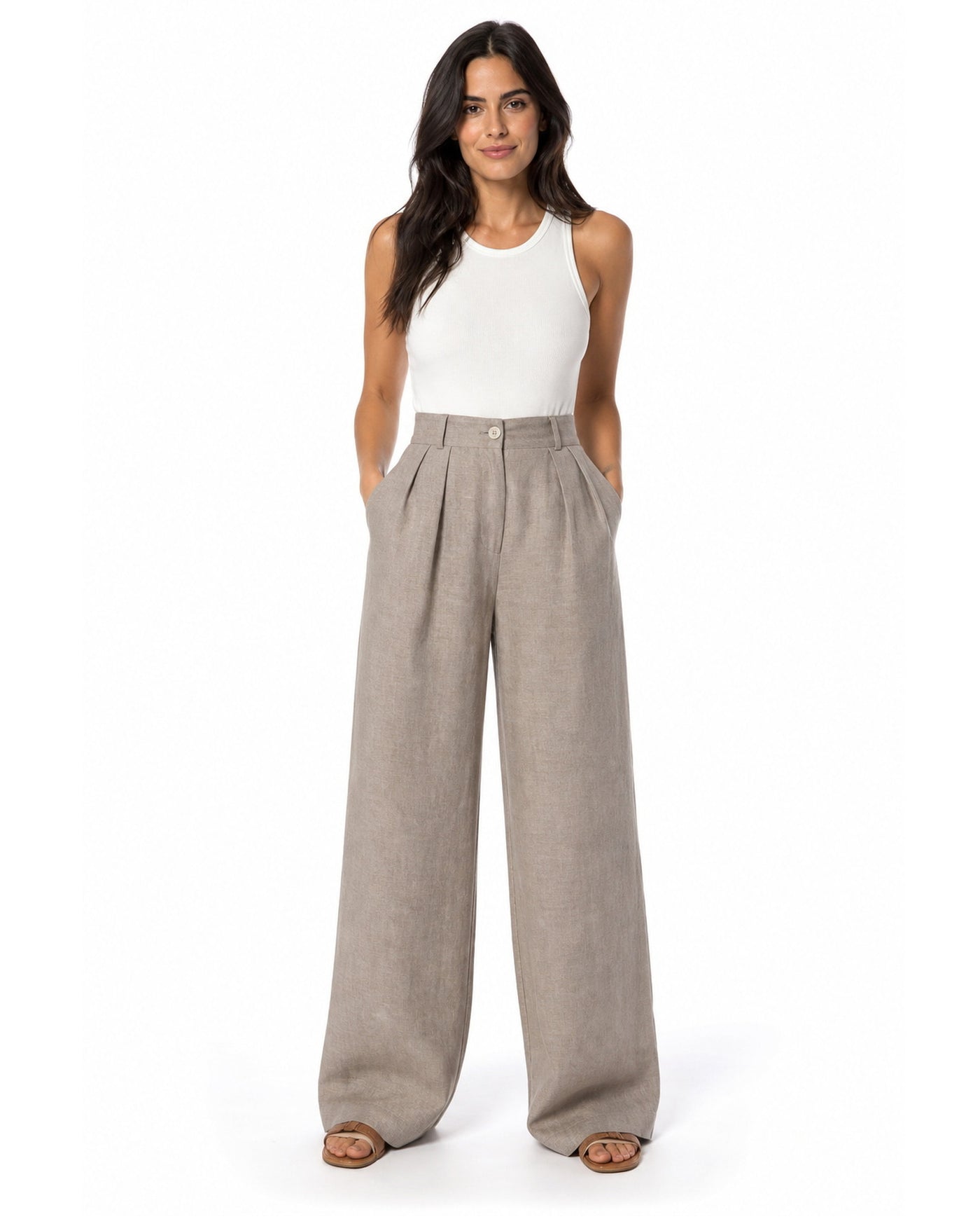 Pure Linen Wide-Leg Trousers（brown）