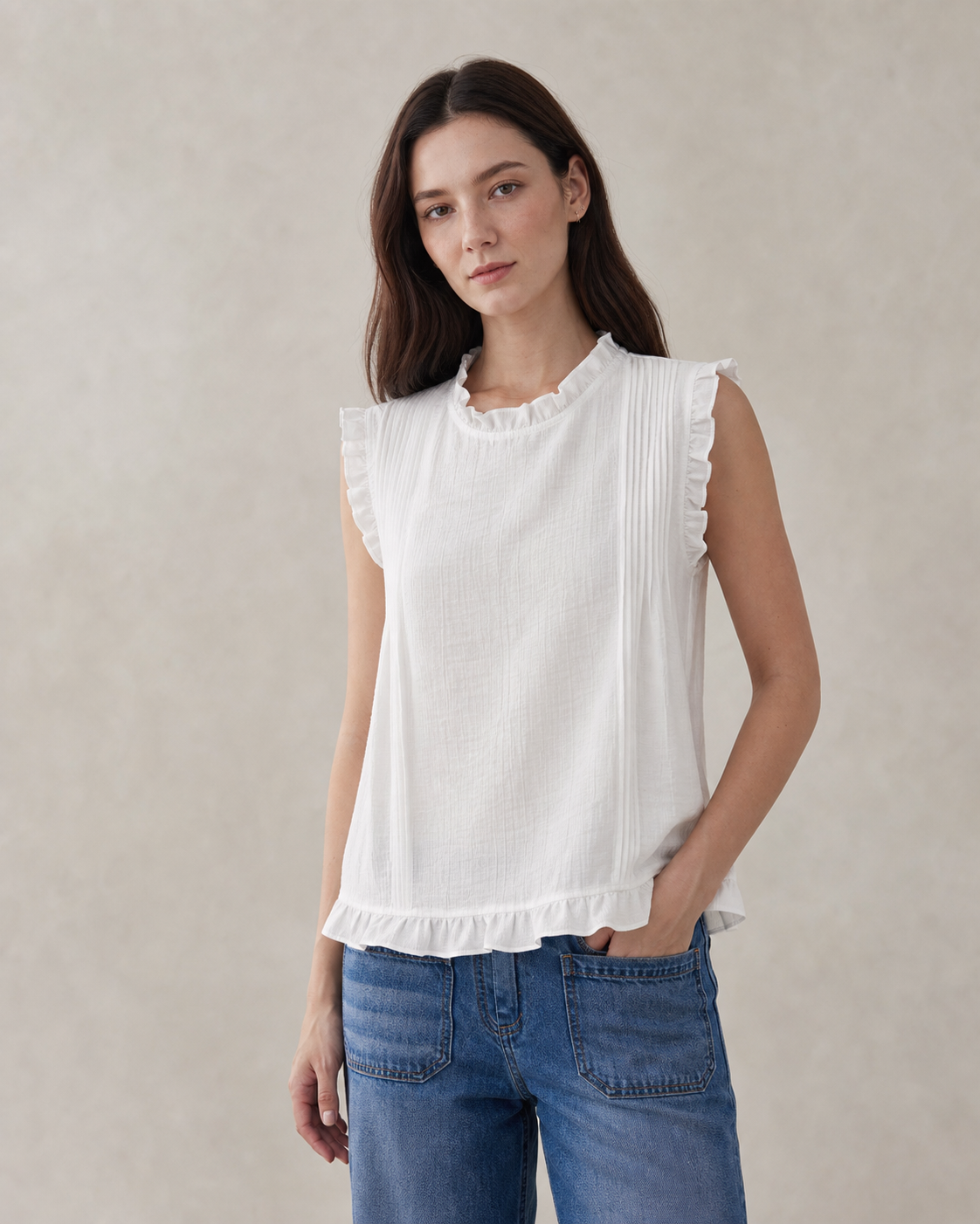 Ruffle-Trim Cotton Sleeveless Blouse