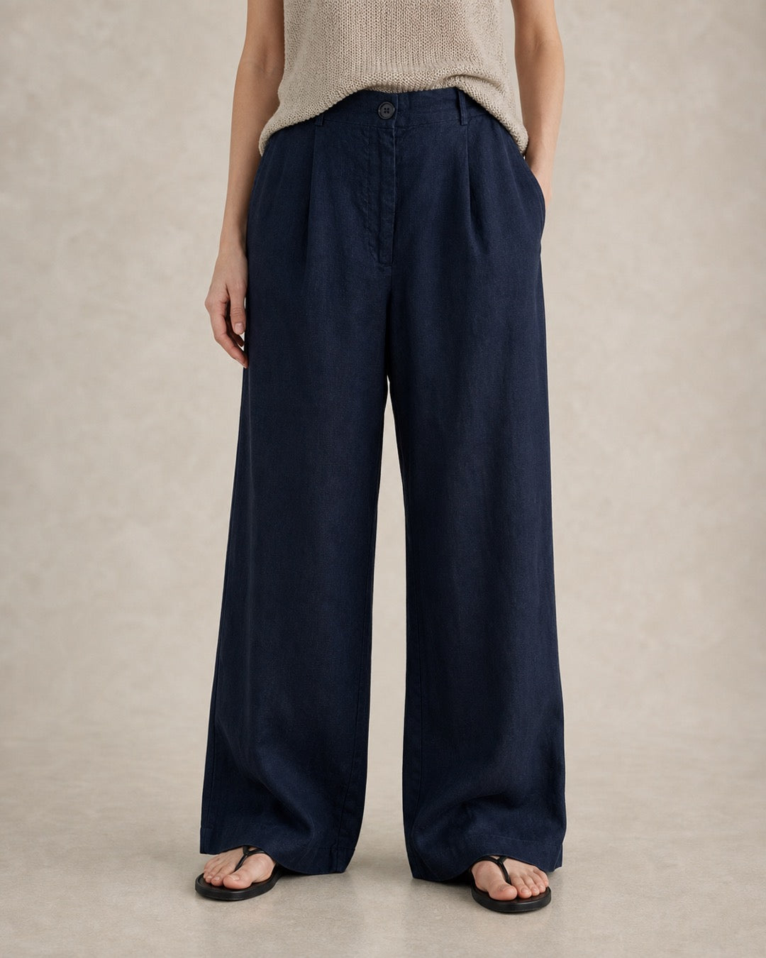 Navy Linen Wide-Leg Pants