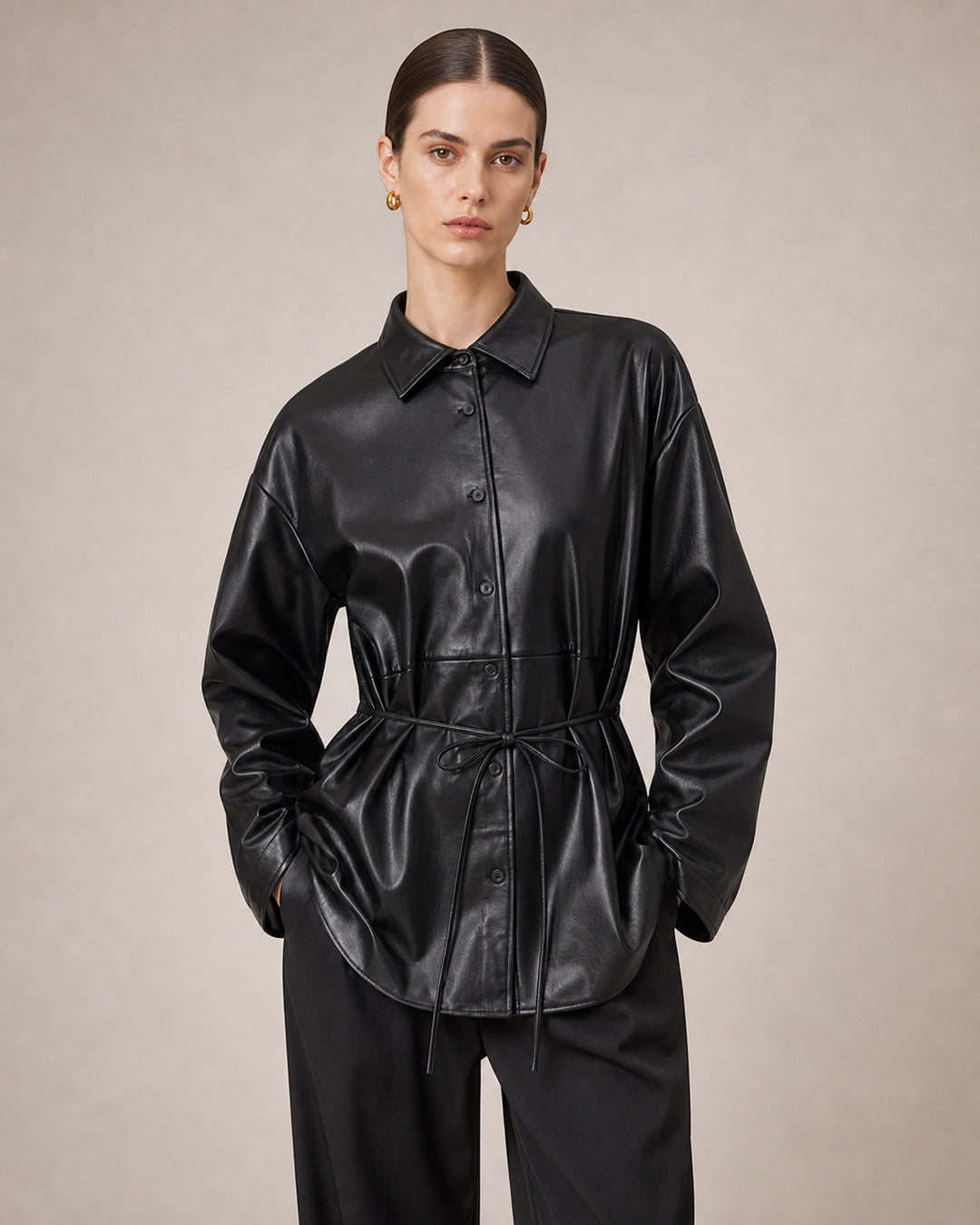 Black Faux-Leather Drawstring Shirt