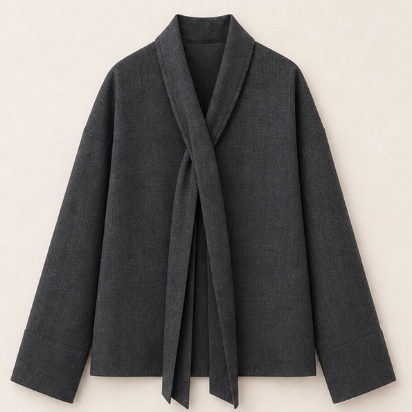 Grey Scarf-Collar Tie-Bow Blouse