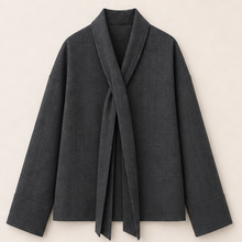 Grey Scarf-Collar Tie-Bow Blouse