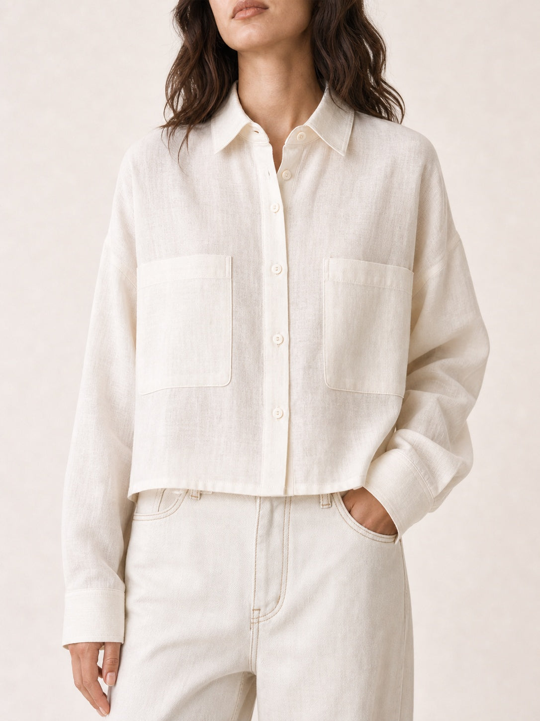 Big-Pocket Cropped Linen Shirt