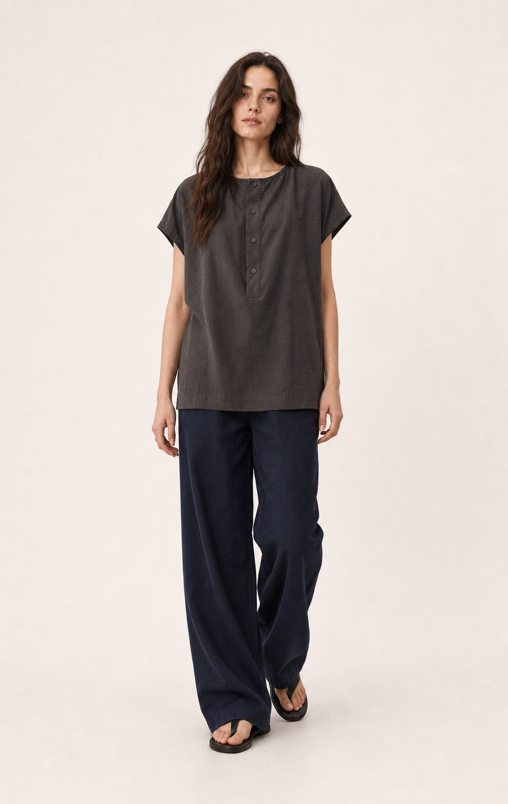 Drape-Neck Button-Front Short-Sleeve Shirt
