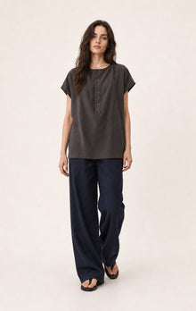 Drape-Neck Button-Front Short-Sleeve Shirt