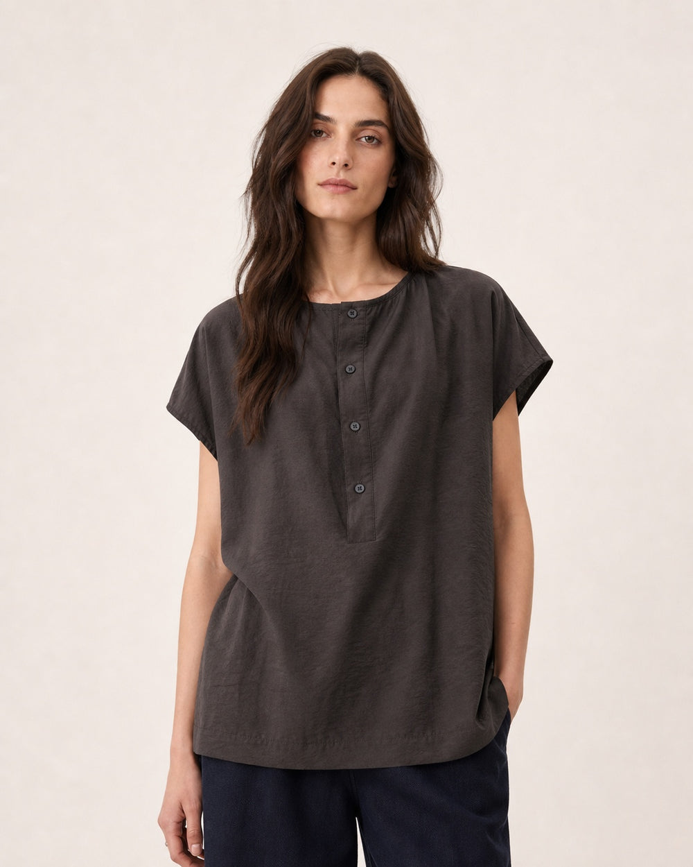 Drape-Neck Button-Front Short-Sleeve Shirt