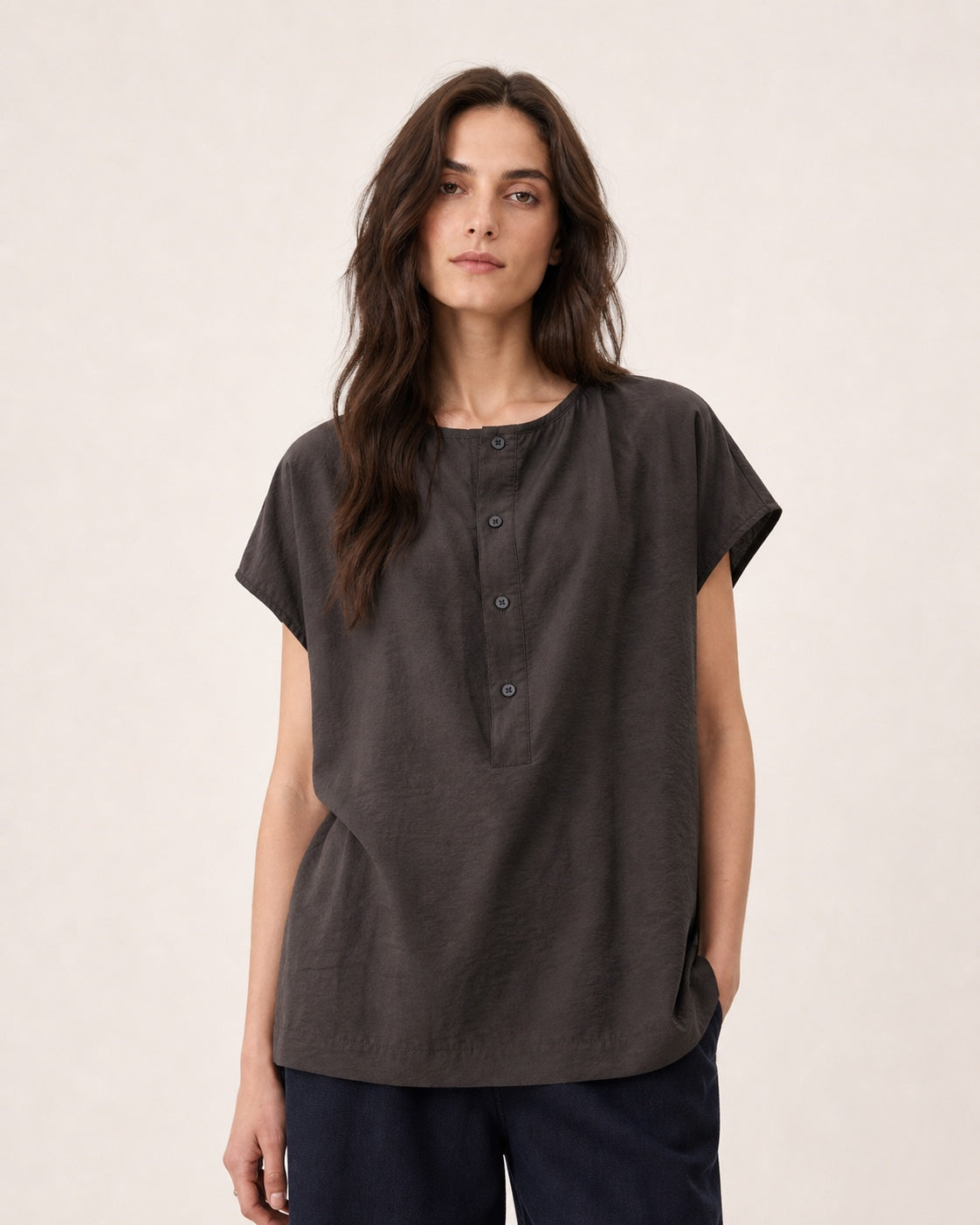 Drape-Neck Button-Front Short-Sleeve Shirt
