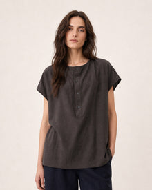 Drape-Neck Button-Front Short-Sleeve Shirt