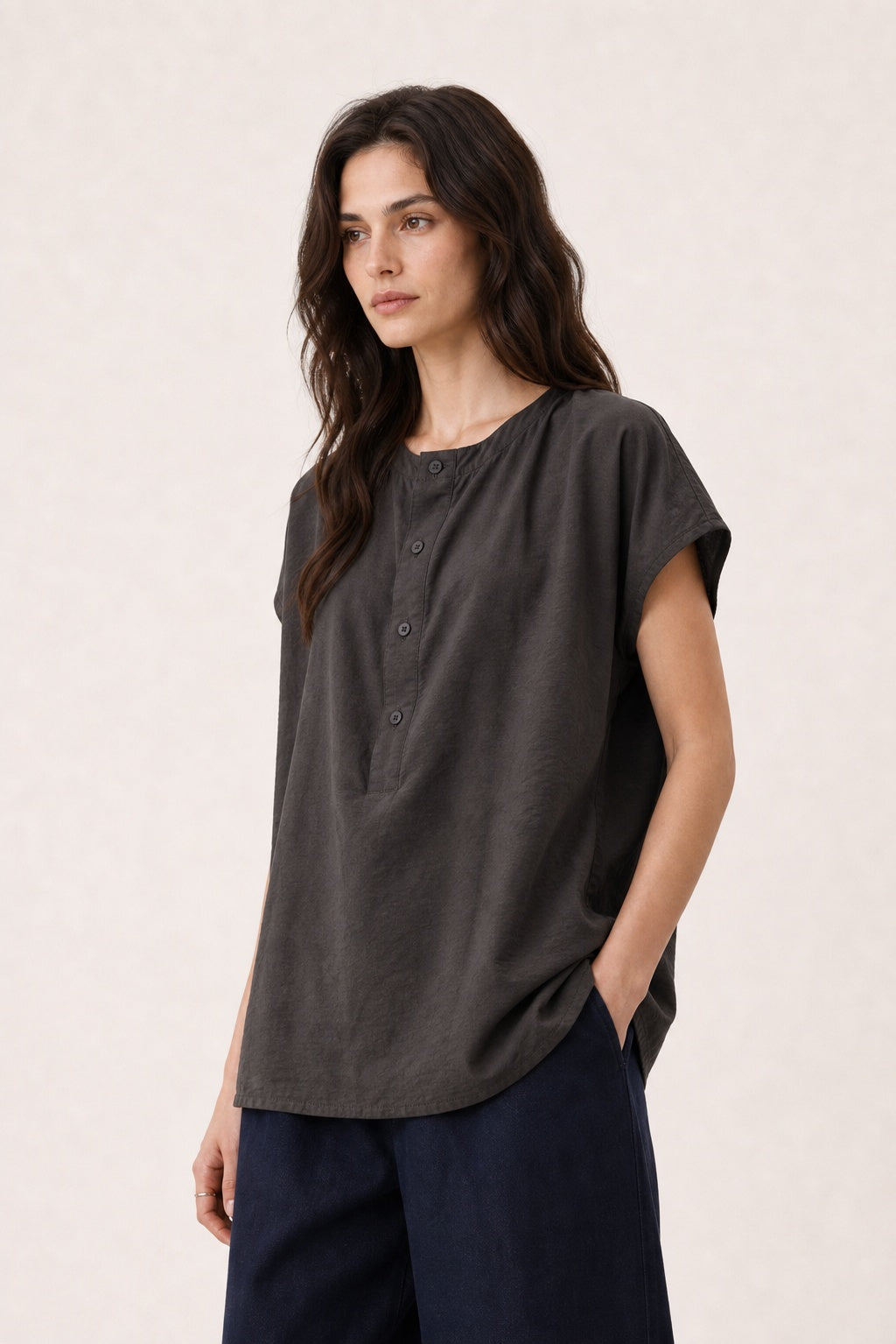 Drape-Neck Button-Front Short-Sleeve Shirt