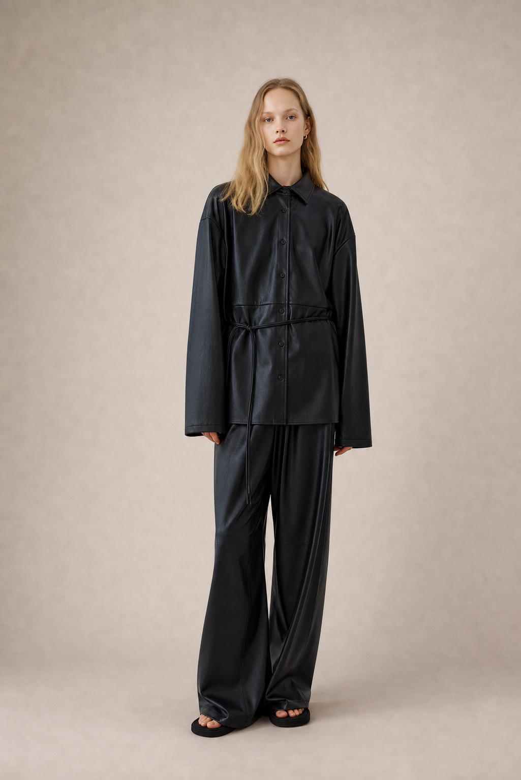 Black Faux-Leather Drawstring Shirt