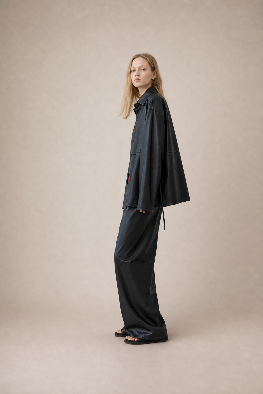 Black Faux-Leather Drawstring Shirt