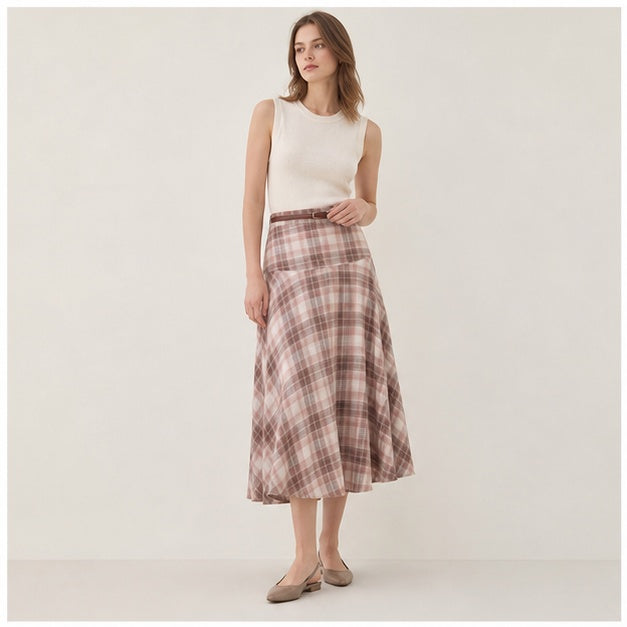 Pink Plaid Bias-Cut Midi Skirt