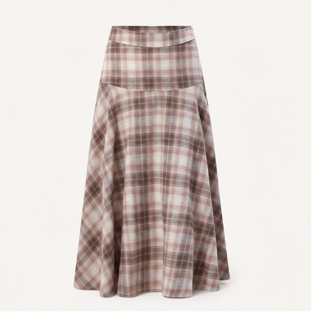 Pink Plaid Bias-Cut Midi Skirt