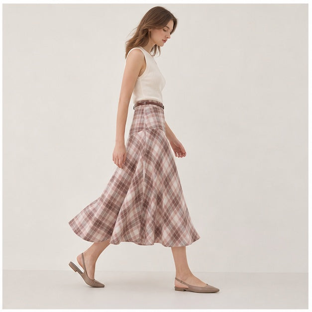 Pink Plaid Bias-Cut Midi Skirt