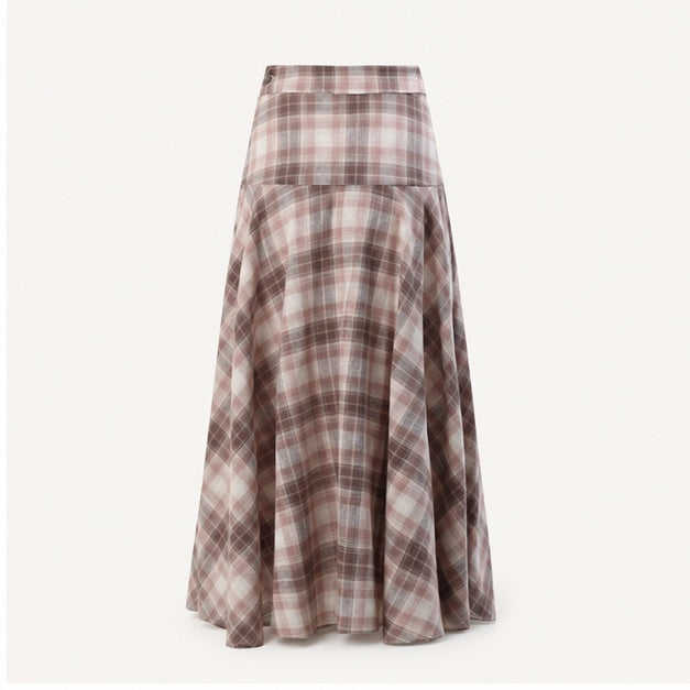 Pink Plaid Bias-Cut Midi Skirt