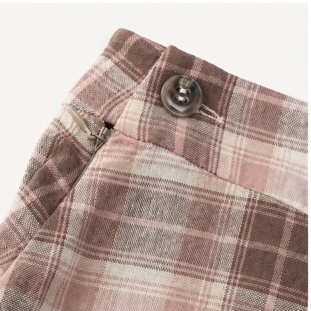 Pink Plaid Bias-Cut Midi Skirt