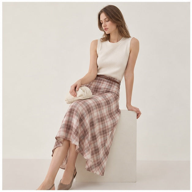 Pink Plaid Bias-Cut Midi Skirt