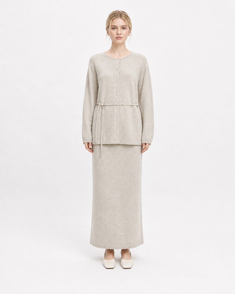 Oatmeal Wool Knit Drawstring Cardigan