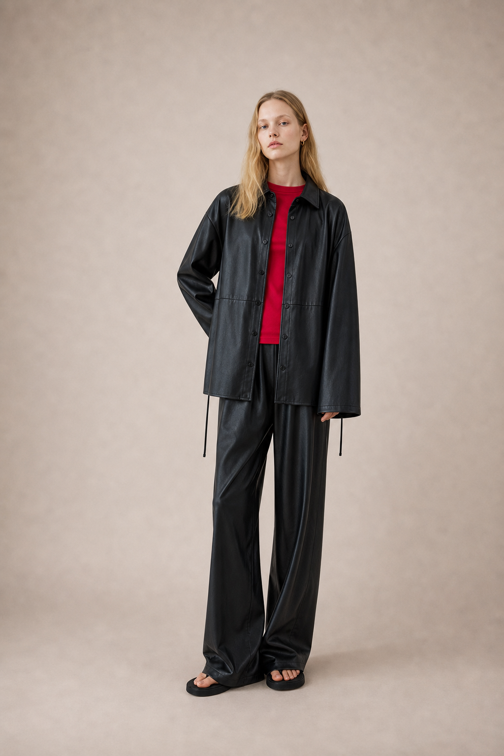 Black Faux-Leather Drawstring Shirt