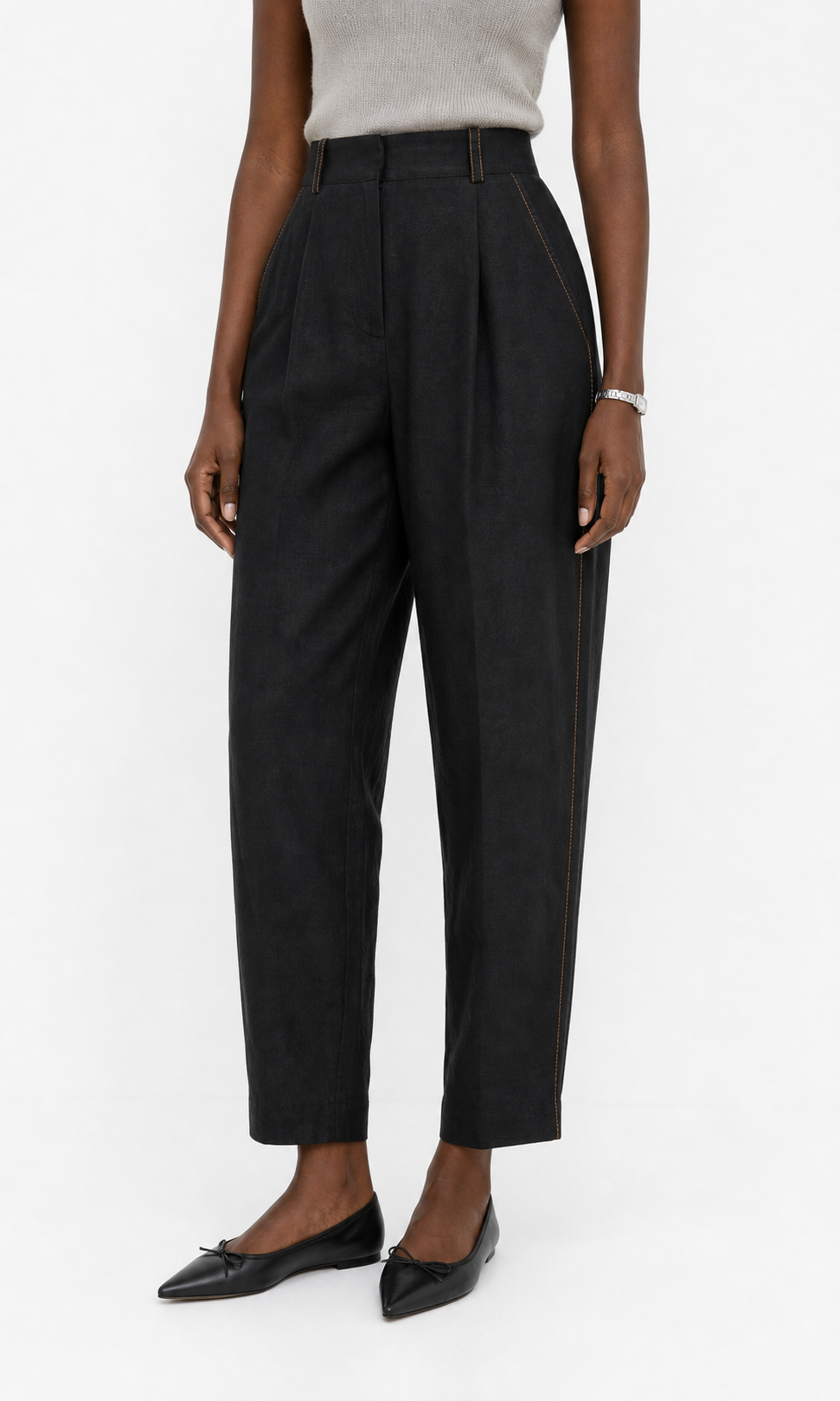 Black Linen Carrot-Fit Trousers