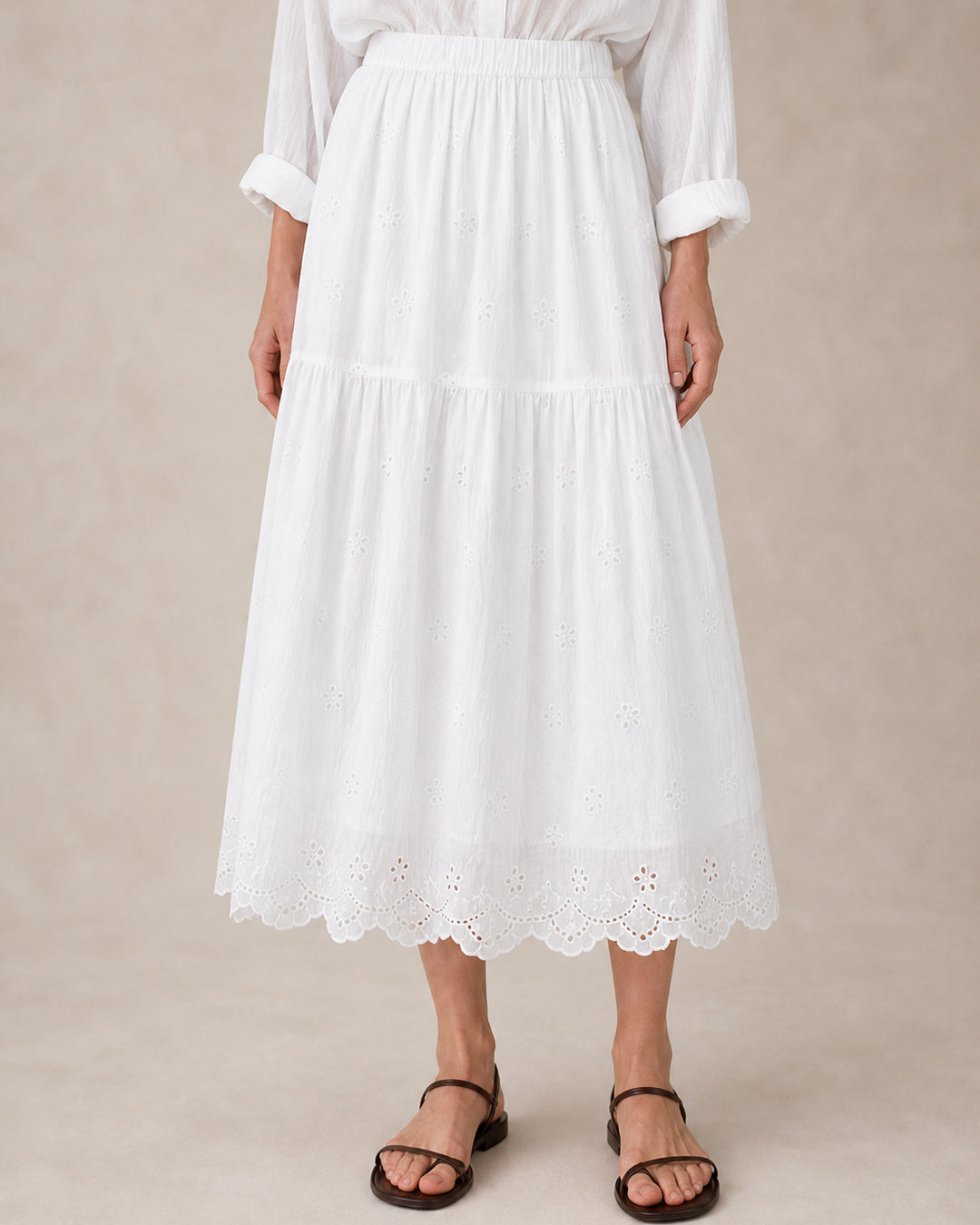 White Eyelet Lace Midi Skirt