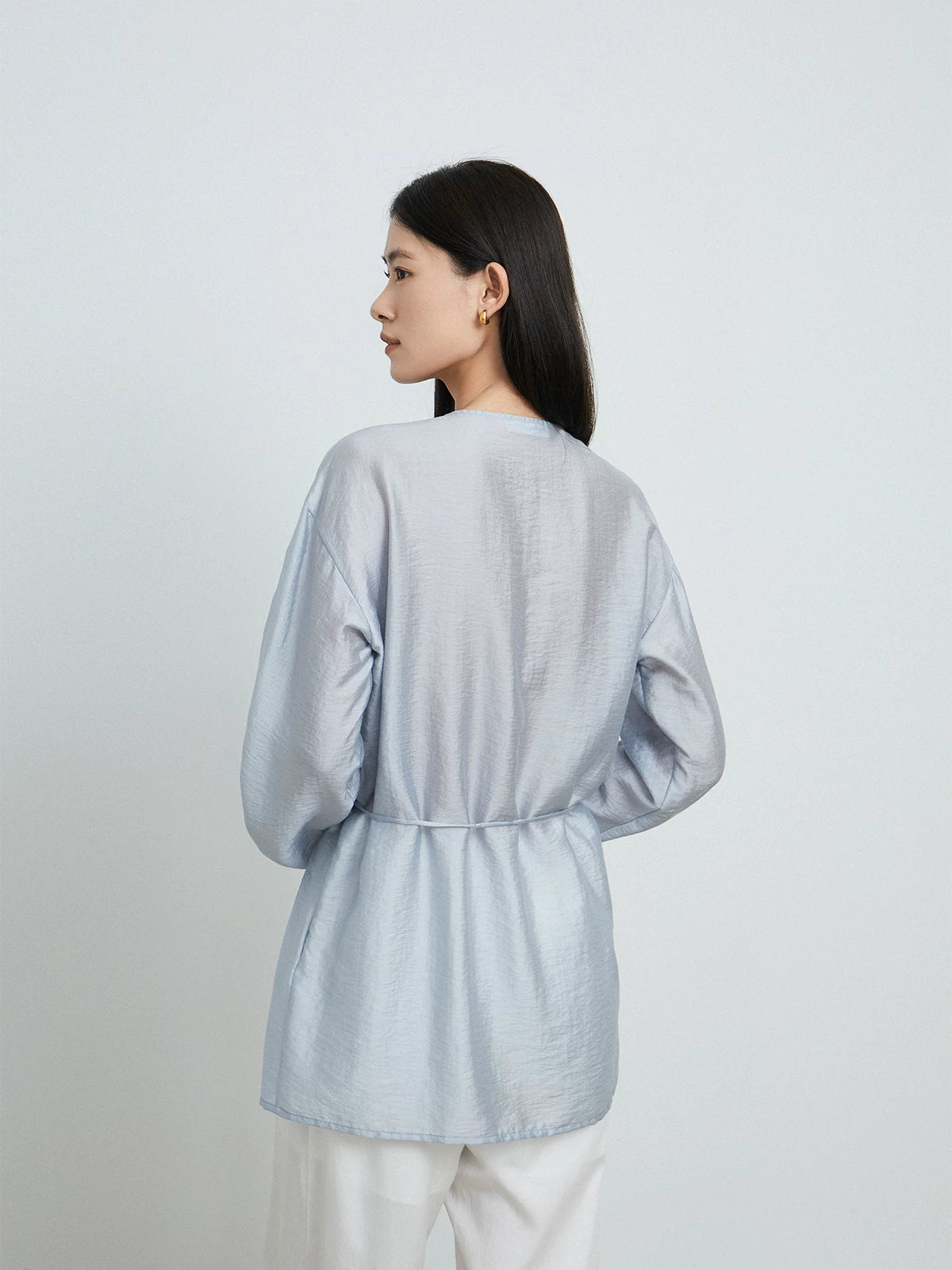 Light Blue Round-Neck Drawstring Shirt